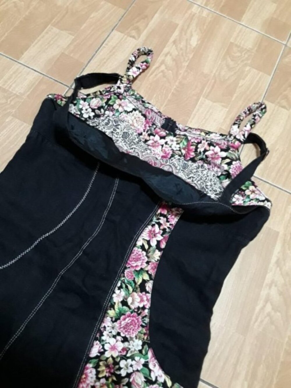 Black Floral Panel Dress Pink & White Flower Print